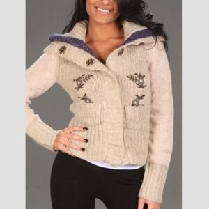 Free People Pointelle Cardigan Sweater Women’s Sz Medium Wool Embroidered Floral